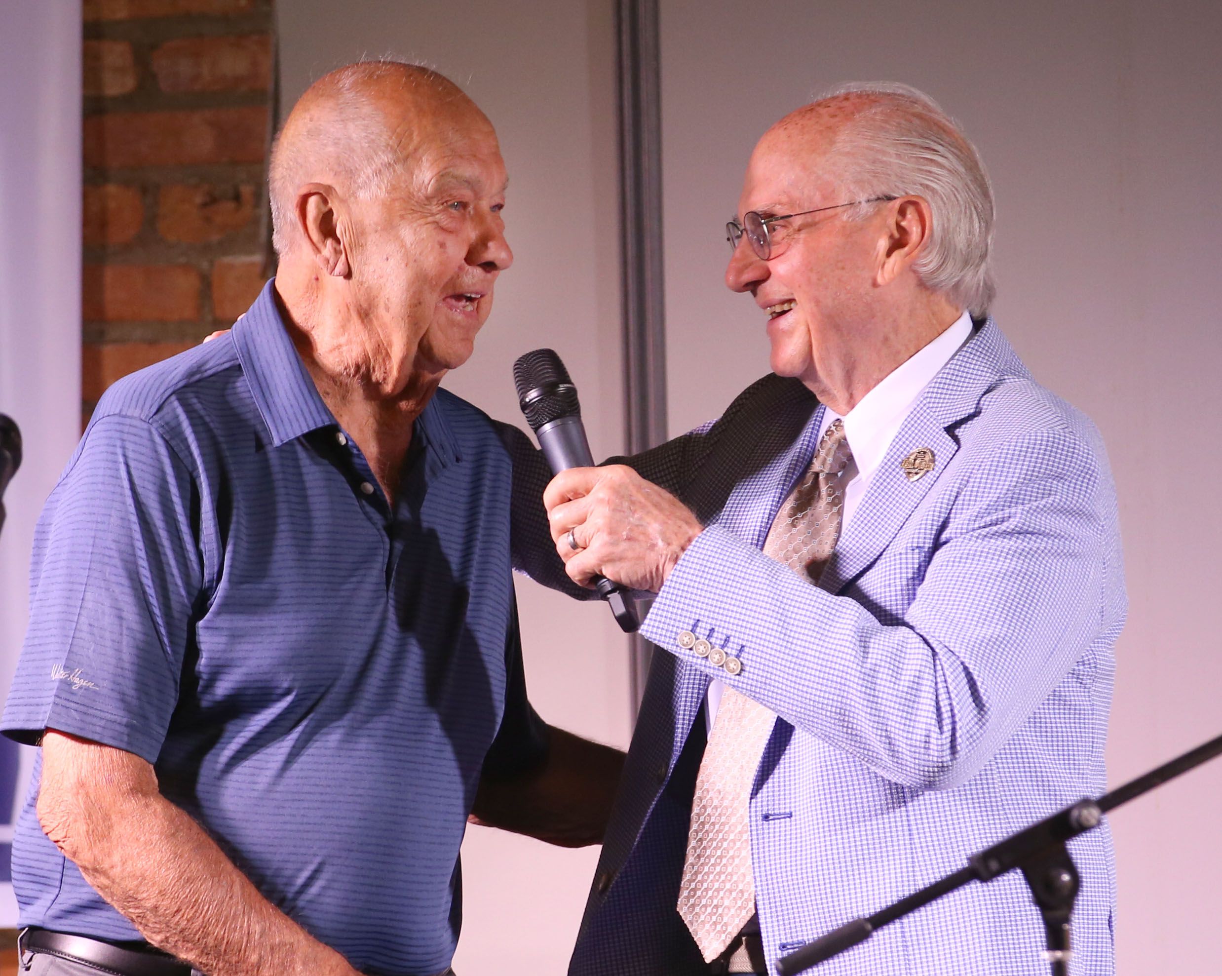 Bob Prusator, legendary basketball coach at Tiskilwa High School is interviewed by Lanny Slevin Emcee, during the Shaw Media Illinois Valley Sports Hall of Fame on Thursday, June 8, 2023 at the Auditorium Ballroom in La Salle. 