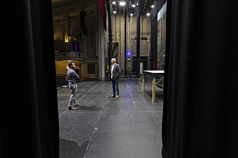 Mike Venier (right) and Sauk Valley Bank’s Nick Olds talks about the future of the Dixon Historic Theatre Thursday, Oct. 19, 2023.