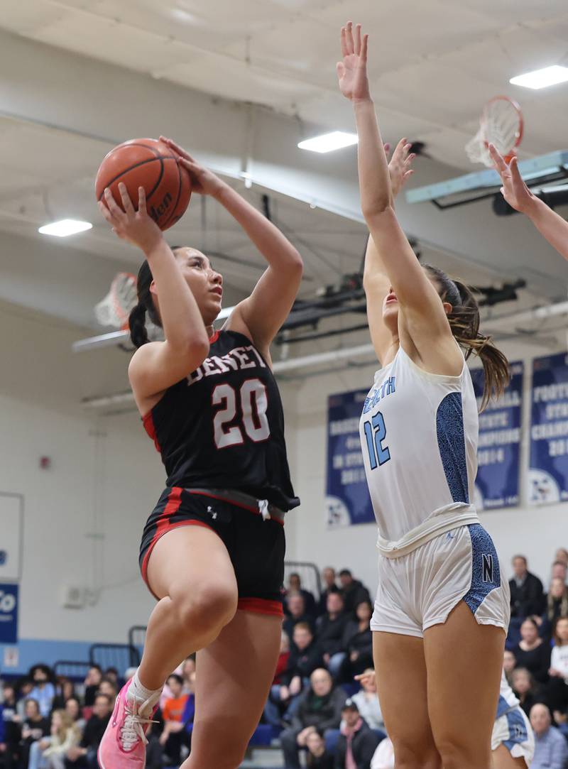 Benet’s Emma Briggs (20) goes to the basket against Nazareth during a girls varsity basketball game on Monday, Jan. 29, 2024 in La Grange Park, IL.