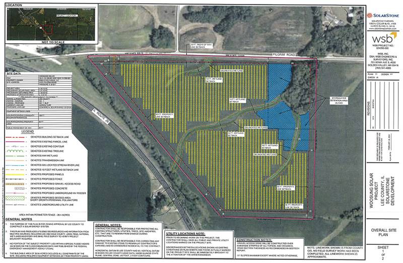 The site plan for Woosung Solar LLC, located at the corner of Pilgrim Road and state Route 26. Lee County Board members approved a special use permit for the project at the May 23, 2024, meeting.