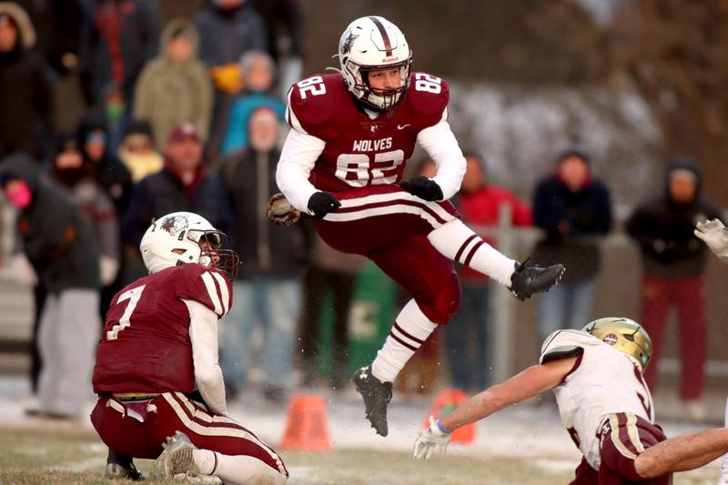 Prairie Ridge’s Brogan Amherdt makes his game-winning field goal against St. Ignatius in Class 6A football playoff semifinal action at Crystal Lake on Saturday.