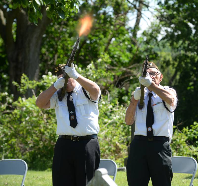 Vietnam War Veterans Jerry Frana (left) and Korean War Veteran Stan Eden were two of seven veterans who fired rifles in the salute during the Memorial Day service at Riverside Cemetery in Oregon on Monday, May 27, 2024.