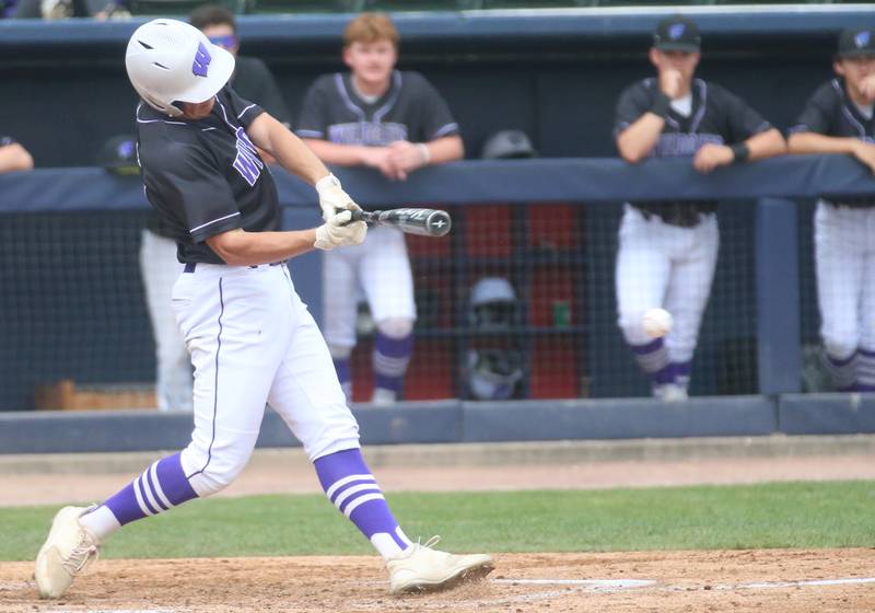 Wilmington's Kyle Farrell gets a hit off of Newman during the Class 2A third place game on Saturday, June 1, 2024 at Dozer Park in Peoria.