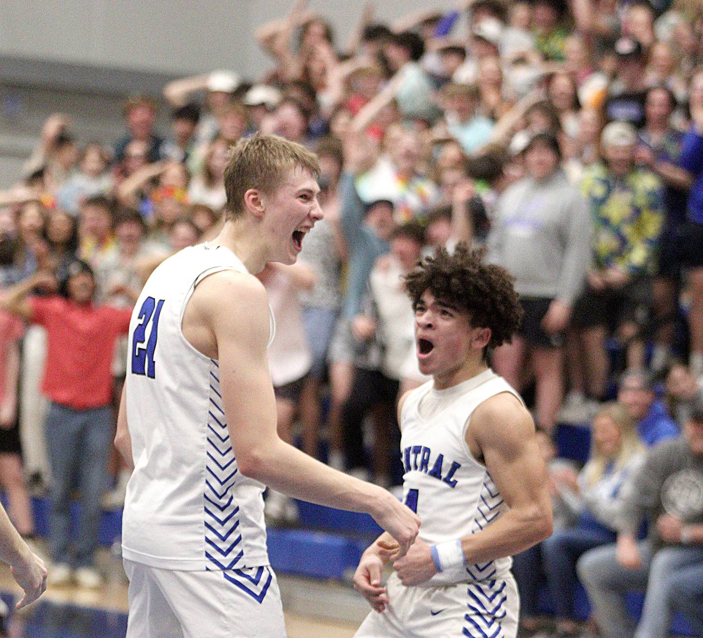 Burlington Central’s Drew Scharnowski, left, and Caden West celebrate as they build an early lead over Rockford Boylan in IHSA Class 3A Sectional action at Burlington Central High School Wednesday night.