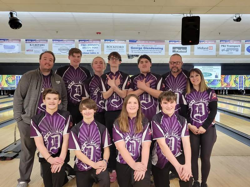 The Dixon boys bowling team poses for a photo after qualifying for state at the Jefferson Sectional on Saturday, Jan. 20, 2024. Front row (from left): David Laird, Daniel Sotelo, Aaron Fitzanko, Sam Gingras. Back row (from left): assistant coach Mitchell Guzzle, Ben Zimmerman, Cody Geil, Clark Bonnewell, Wyatt Miller, head coach CJ Bonnewell, assistant coach Jami Bonnewell.