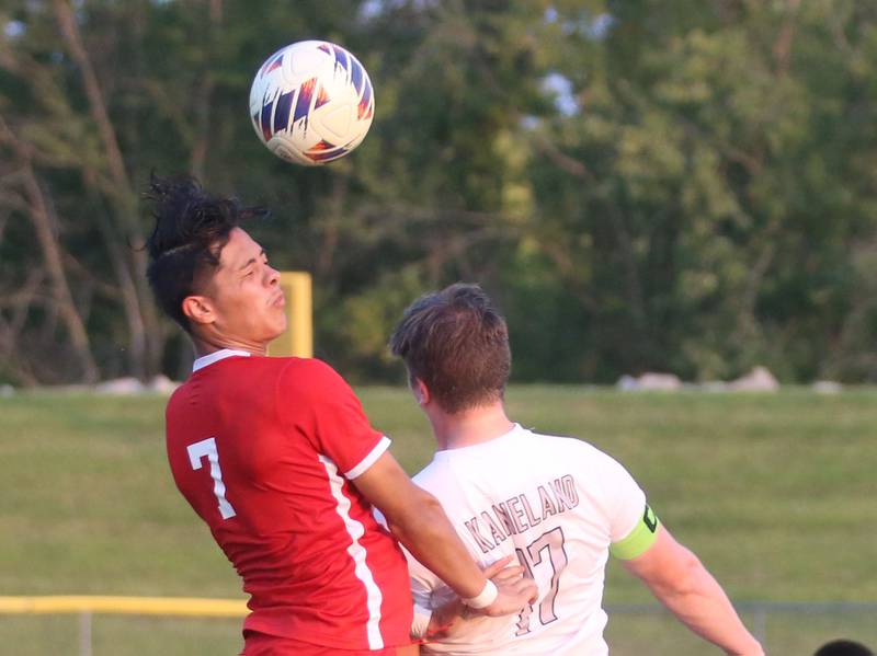 Ottawa's Jeorge Lopez puts a header on the ball over Kaneland's Riley Adams on Wednesday, Sept. 11, 2024 at King Field.