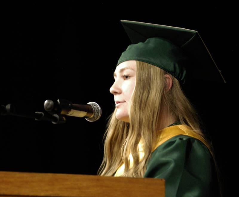 Senior class representative Kallie Insley addresses the crowd at Rock Falls High School during the  Class of 2024 commencement ceremony Sunday, May 26, 2024.