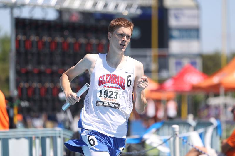 Glenbard South’s Tim Jochum rounds a turn in the Class 2A  4x800 Meter Relay State Championship on Saturday, May 25, 2024 in Charleston.