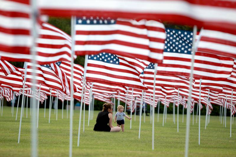 Jill Palkoner of Chicago and her niece, Collette Palkoner, 1, of Wheaton sit among the 2,000 American flags during the opening night of the Field of Honor at Seven Gables Park in Wheaton on Saturday, June 29, 2024.