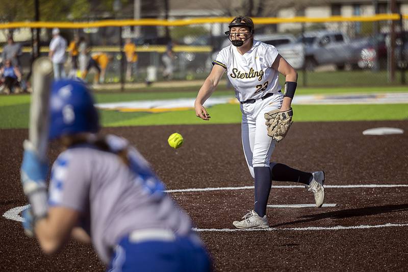 Sterling’s Sienna Stingley fires a pitch against Newman Thursday, April 27, 2023.