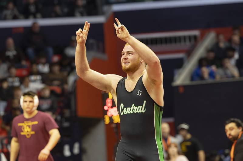 Grays Lake Central’s Matty Jens celebrates his win over Rock Island’s Amare Overton in the 2A 175 pound championship match Saturday, Feb. 17, 2024 at the IHSA state wrestling finals at the State Farm Center in Champaign.