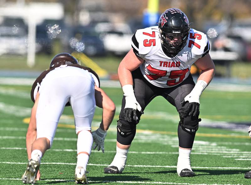 Triad's tackle Lane Mahnesmith (75) in action during the class 5A second round playoff game against Joliet Catholic Academy on Saturday, Nov. 04, 2023, at Joliet. (Dean Reid for Shaw Local News Network)