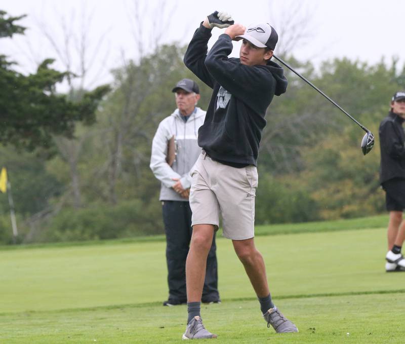 Woodland's Sam Schmitz tees off during the Class 1A Regional on Wednesday, Sept. 27, 2023 at Wolf Creek Golf Club in Pontiac.