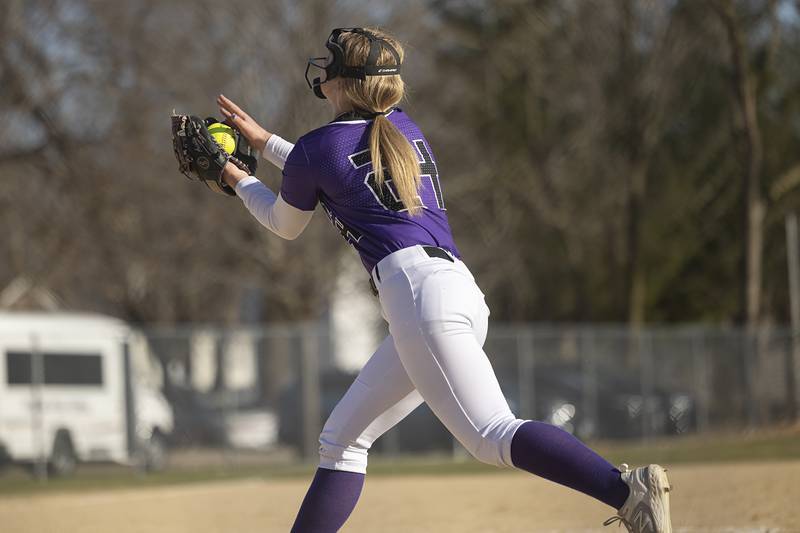 Dixon’s Abby Hicks races in for a pop fly out against Sterling Tuesday, March 19, 2024 in Dixon.