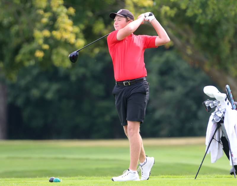 Ottawa's Bryer Harris tees off during the Pirate Invitational golf meet on Monday, Sept. 16, 2024 at Deer Park Golf Course in Oglesby.