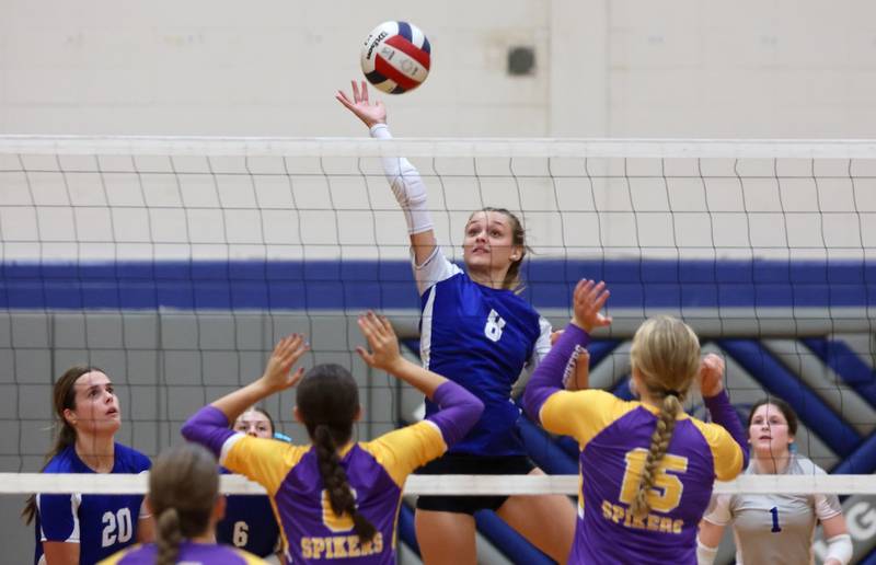 Princeton's Keighley Davis attacks the net against Mendota's Elaina Koch (15) and teammates Tuesday night at Prouty Gym.