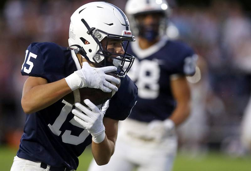 Cary-Grove's Jason Ritter Jr intercepts a pass during a Fox Valley Conference football game against Crystal Lake Central on Friday, Sept. 6, 2024, at Cary-Grove High School in Cary.