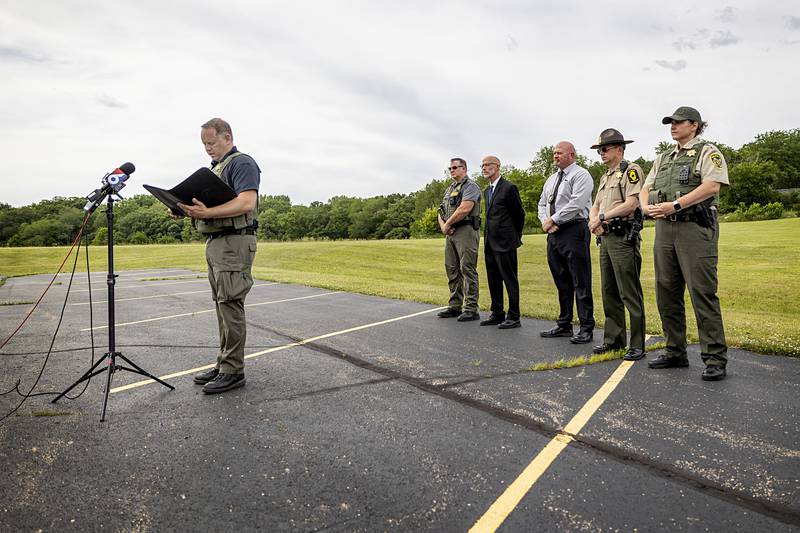 Ogle County Sheriff Brian VanVickle addresses the media Wednesday, June 12, 2024, after three deputies were injured in a shootout in Lost Lake.