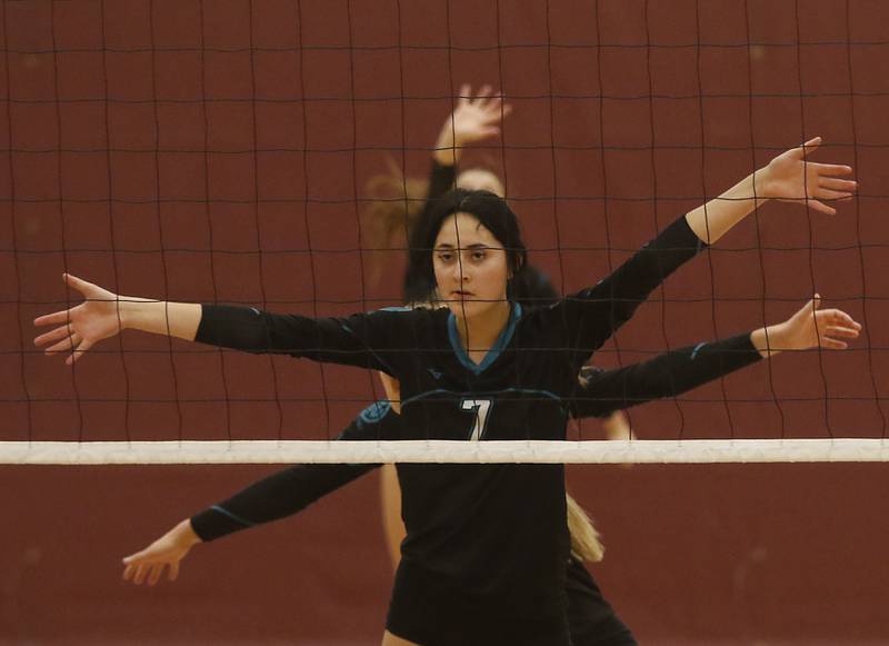 Woodstock North’s Daniela Medina is ready to play during a Kishwaukee River Conference volleyball match against Richmond-Burton Wednesday, Oct.11, 2023, at Richmond-Burton Community High School.