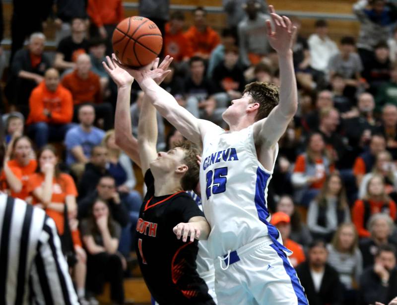 Geneva’s Hudson Kirby goes for the rebound during a Class 4A Willowbrook Regional semifinal game against Wheaton Warrenville South on Wednesday, Feb. 21, 2024.