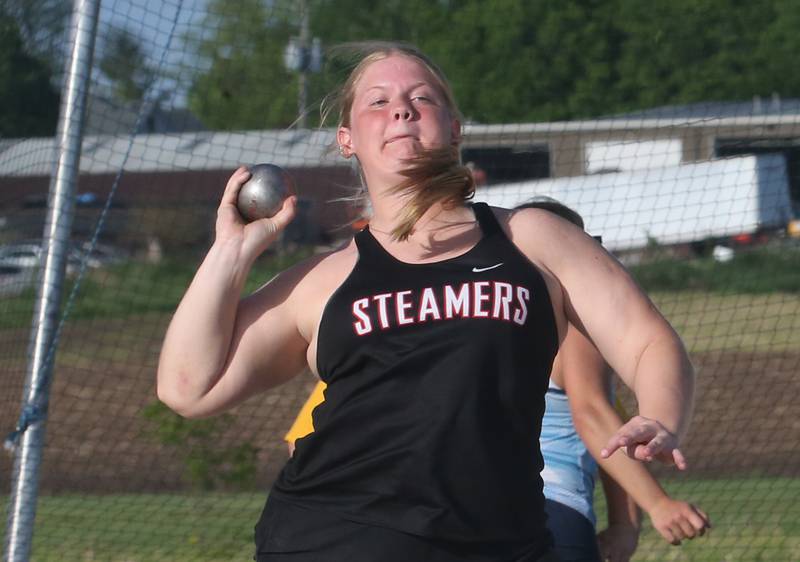 Fulton's Kylie Smither throws shot put during the Class 1A Sectional meet on Wednesday, May 8, 2024 at Bureau Valley High School.