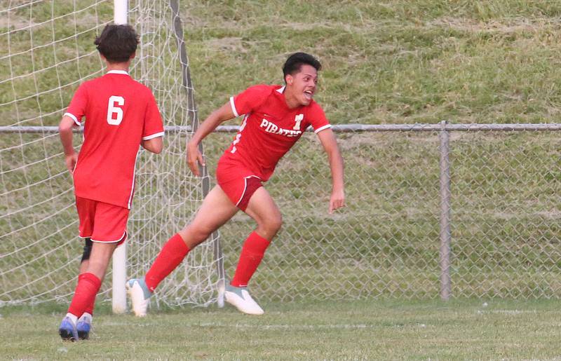 Ottawa's Jorge Lopez reacts with teammate Collin Lyons after scoring the teams first goal against L-P during the game on Thursday, Sept. 5, 2024 at King Field.