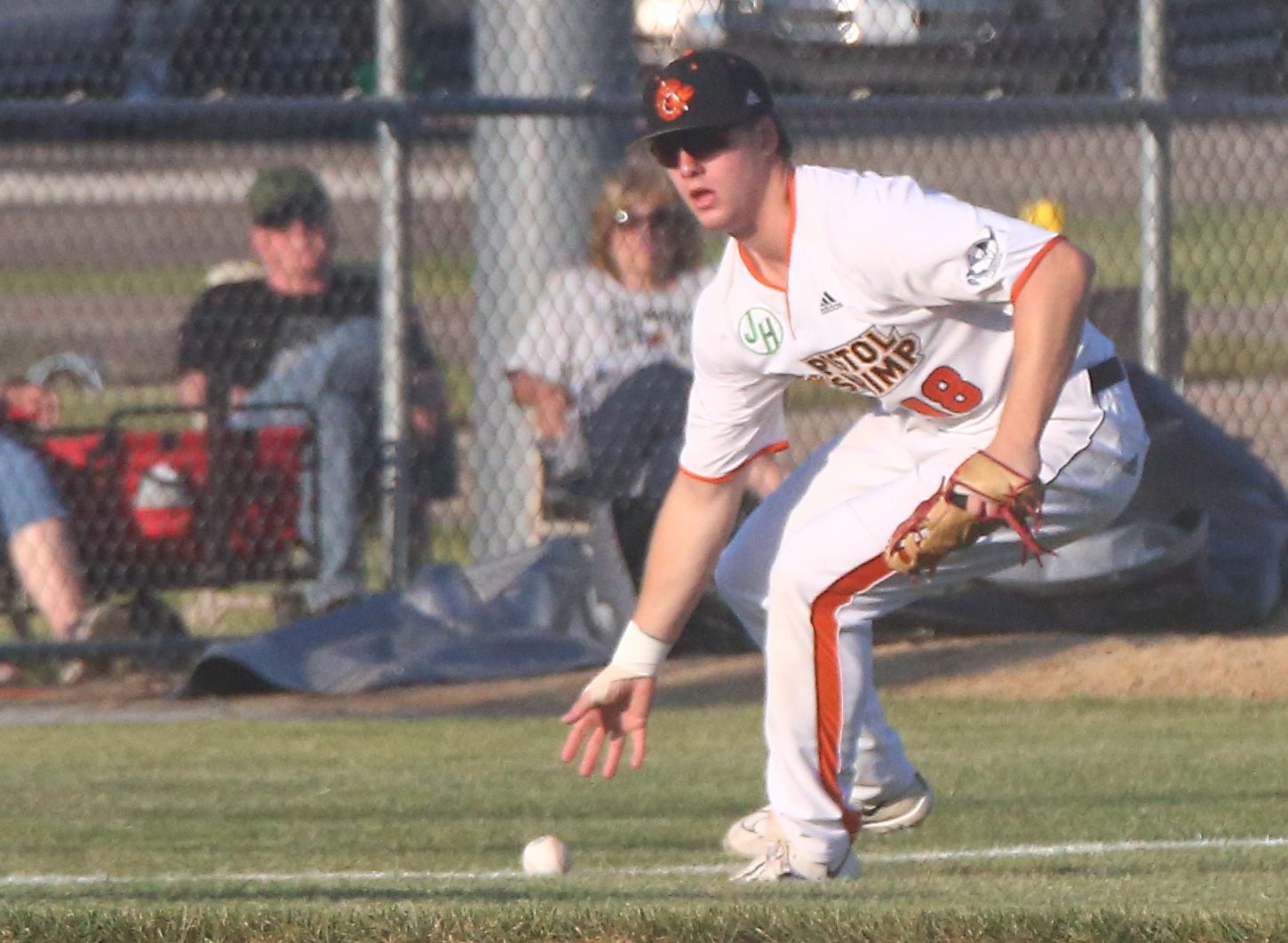 Pistol Shirmp's Luke Adams fields a ground ball in Schweikert Stadium at Veterans Park during the 2022 season.