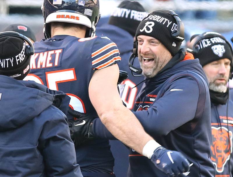 Chicago Bears Head Coach Matt Nagy and tight end Cole Kmet share a laugh late in the game against the New York Giants Sunday, Jan. 2, 2021, at Soldier Field in Chicago.
