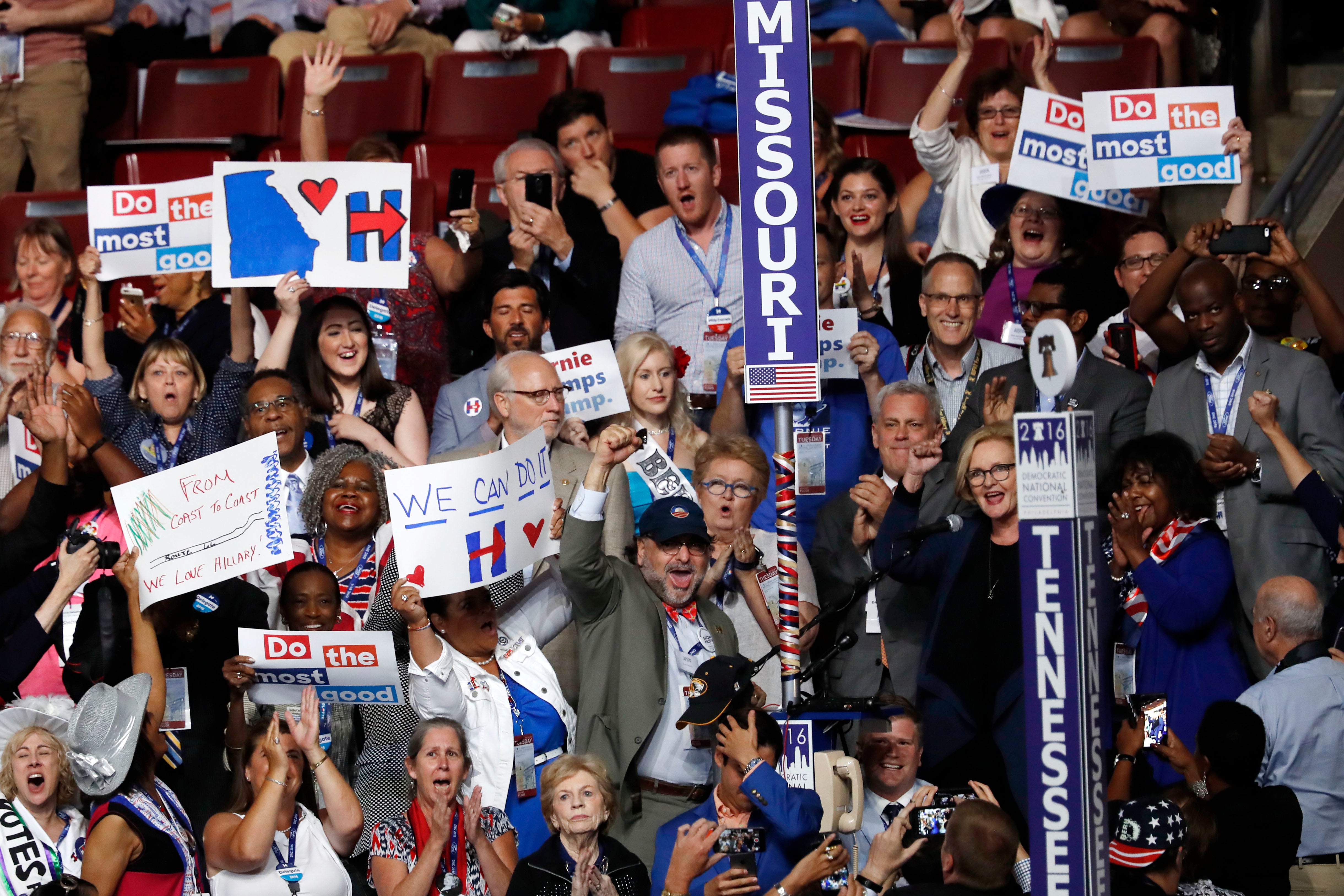 FILE - The delegates form Missouri cast their votes for President of the United States at the Democratic National Convention in Philadelphia , July 26, 2016. President Joe Biden's withdrawal Sunday, July 21, 2024, from his reelection bid and endorsement of Vice President Kamala Harris to take on former President Donald Trump in November has scrambled what had once been a settled and suspense-free contest for the Democratic presidential nomination. His exit from the race means those delegates who decide the nominee must now find a new candidate to support. (AP Photo/Mary Altaffer, File)