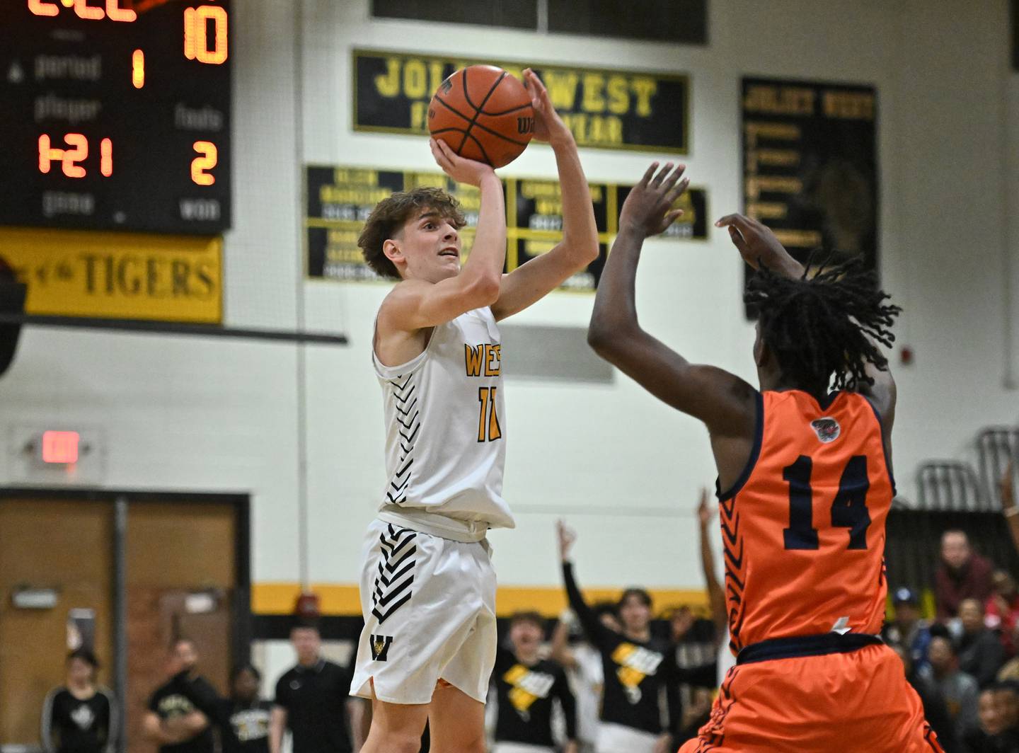 Joliet West's Luke Grevengoed shoots a 3-point shot during a conference game against Romeoville on Friday, Feb. 02, 2024, at Joliet. (Dean Reid for Shaw Local News Network)