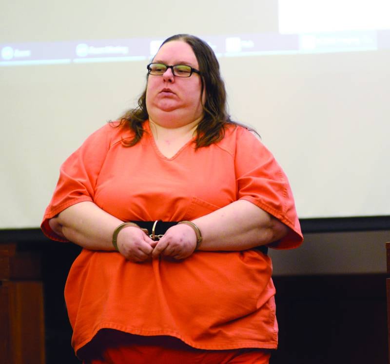 Sarah Safranek enters an Ogle County courtroom on Wednesday, Feb. 28, 2024. She is accused of killing her 7-year-old son, Nathaniel, in 2021.