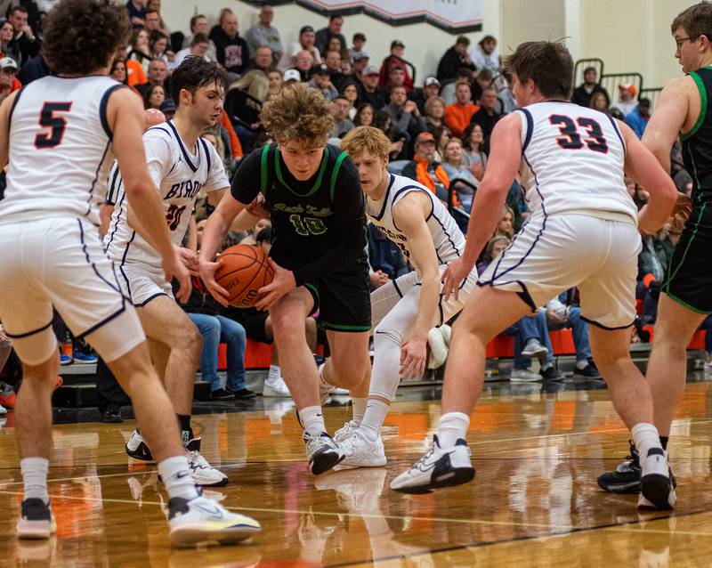 Rock Falls' Kuitim Heald drives through the Byron defense during the second quarter of the 2A Byron Regional championship game on Saturday, Feb. 25, 2023.