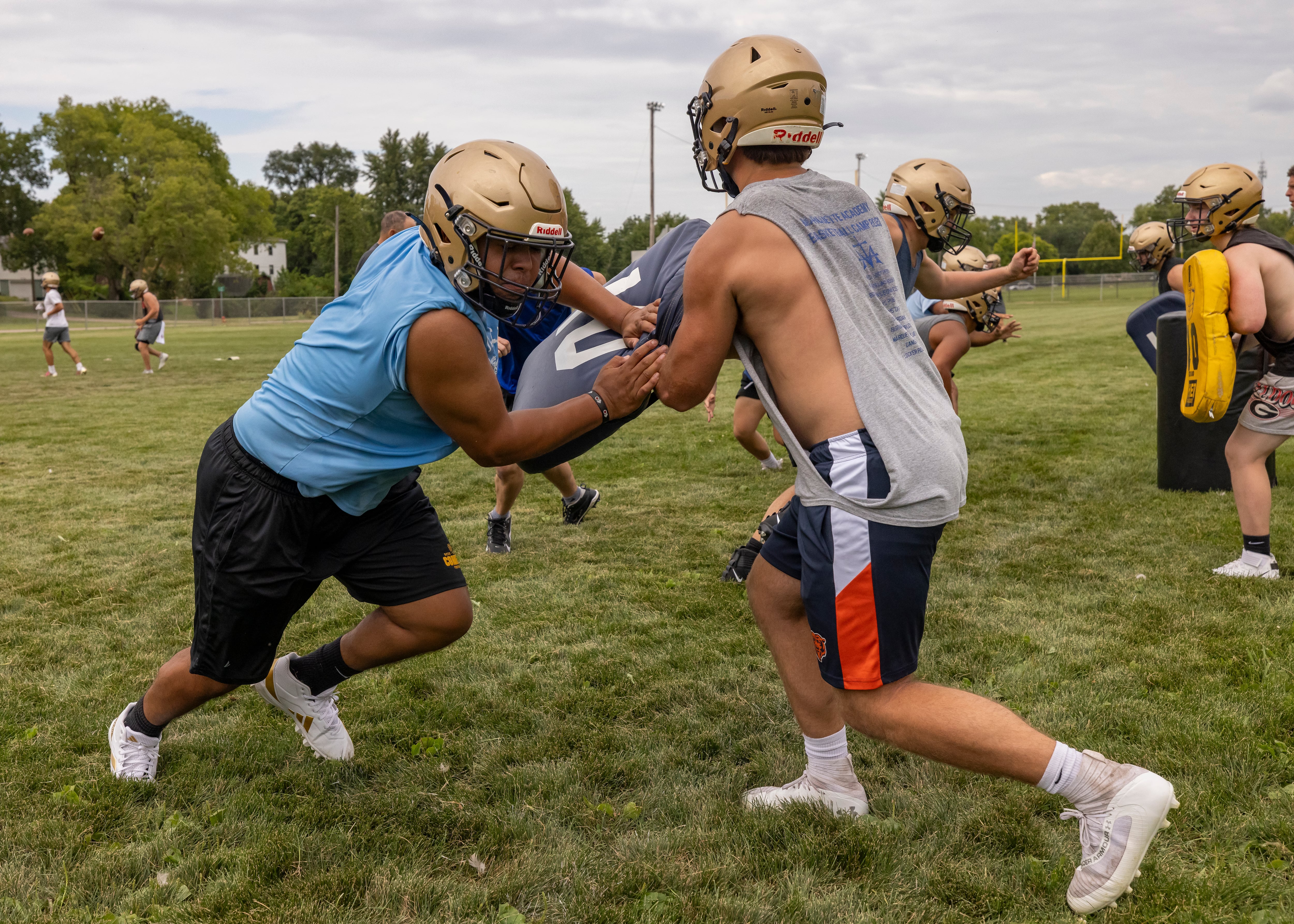 Marquette's Sam Mitre pushes his way around the defense on during practice on August 12, 2024.