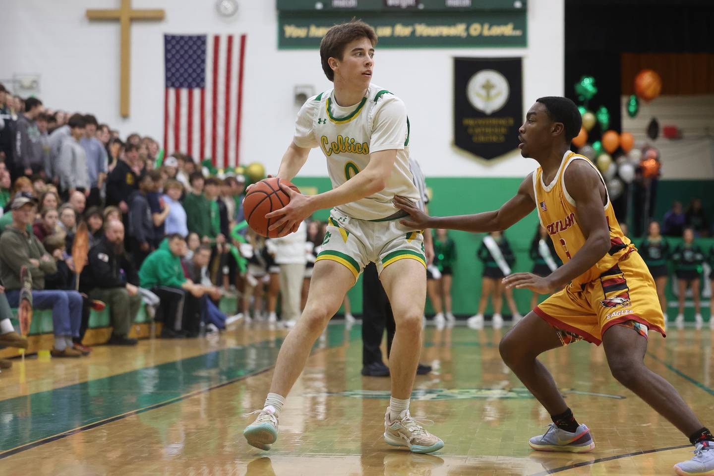 Providence’s Colin Crean looks for a play against Southland College Prep on Monday, Feb. 5th 2024 in New Lenox.