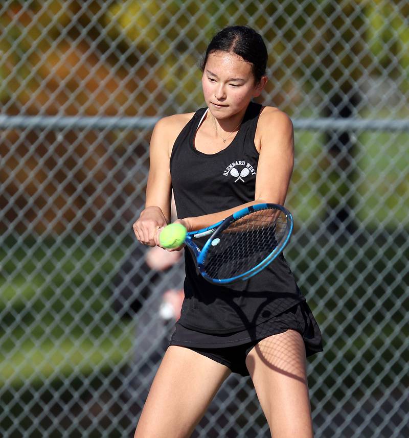 Glenbard WestÕs Mira Kernagis returns a volley in the 2A Singles 3rd Place Match at the IHSA State Tennis Finals Saturday October 21, 2023 in Buffalo Grove.