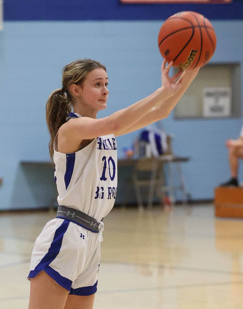 Hinckley-Big Rock’s Grace Michaels puts up a three pointer Monday, Jan. 8, 2023, during their game against Harvest Christian at Hinckley-Big Rock High School.