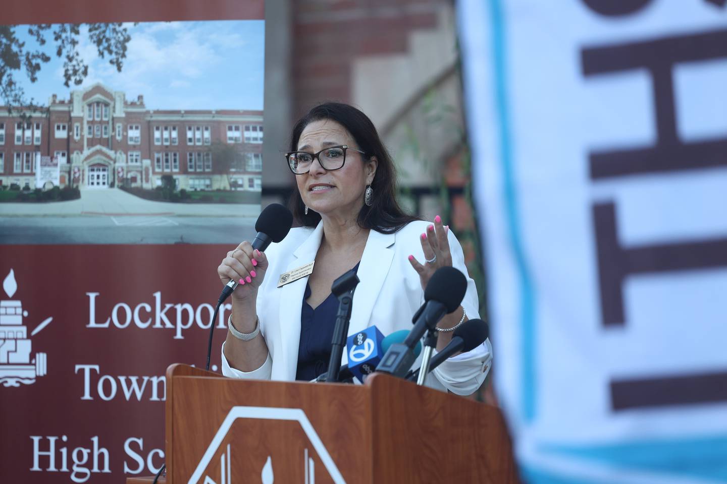 Will County Regional Superintendent Dr. Lisa Caparelli-Ruff speaks at the reopening celebration of the Lockport High School Central Campus on Friday, Aug. 16, 2024.