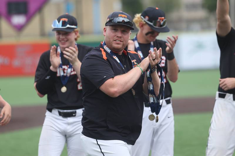 Crystal Lake Central head coach Cal Aldridge celebrates their win against Lemont in the IHSA Class 3A Championship game on Saturday June 8, 2024 Duly Health and Care Field in Joliet.