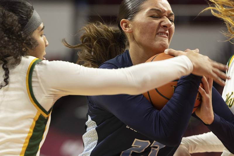 Nazareth Academy’s Danielle Scully drives to the hoop against Waubonsie Valley’s Arianna Garcia Friday, March 1, 2024 in the girls basketball 4A state semifinal at CEFCU Arena in Normal.