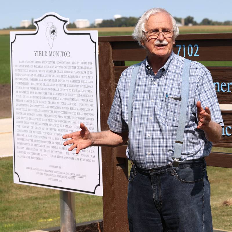 Steve Faivre, one of the creators of the yield monitor, speaks Tuesday, Sept. 10, 2024, during the dedication, hosted by the DeKalb Area Agricultural Heritage Association, for the new historical marker at the Faivre farm in DeKalb. The marker celebrates the creation yield monitor, an important innovation in farming.