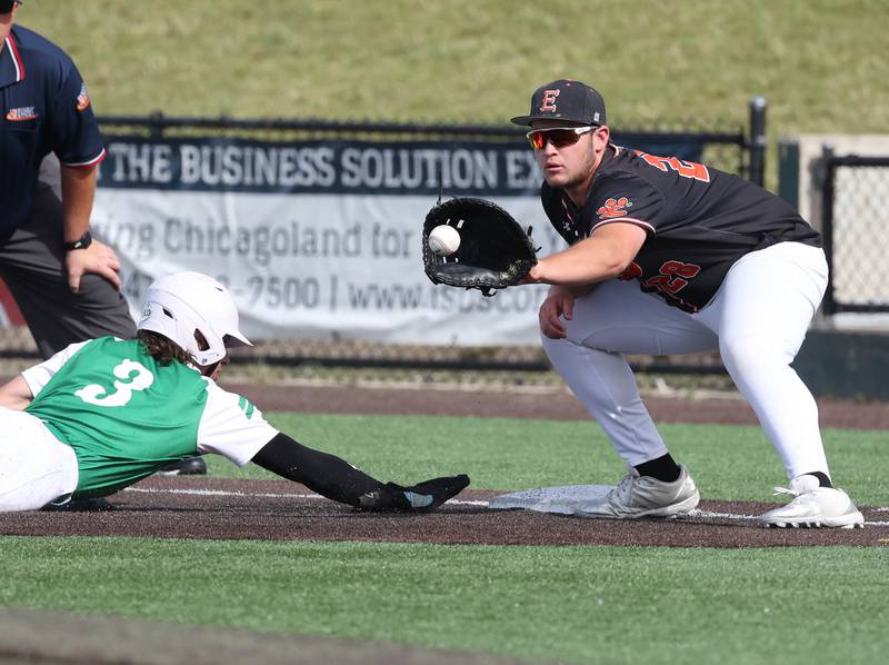 Providence Catholic's Cooper Eggert gets back to first as Edwardsville's Bryce Beyers makes the catch on a pickoff attempt during their Class 4A state semifinal game Friday, June 7, 2024, at Duly Health and Care Field in Joliet.