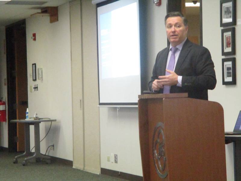 Doug Pryor, president and CEO of the Will County Center for Economic Development, introduces the new summer internship program for high school students during a meeting on Wednesday at the Joliet Township High School Administrative Building. Sept. 13, 2023.