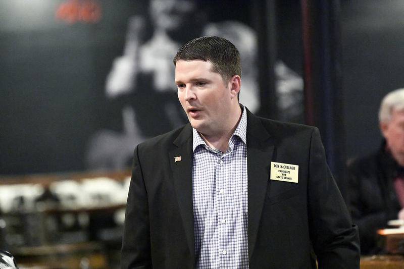 Republican Tom McCullagh talks to his supporters at a fundraiser for his campaign for the Illinois Senate on Thursday, March, 12, 2020, at Scooters Roadhouse in Shorewood, Ill.