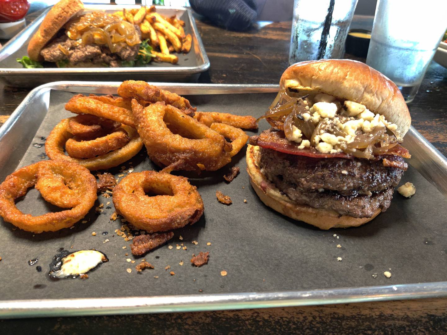 The burgers feature two, 4-ounce patties, unless otherwise requested. My dining companion picked the Black + Blue, the flavorful patties melding with blue cheese, grilled onions, bacon and sauteed mushrooms.