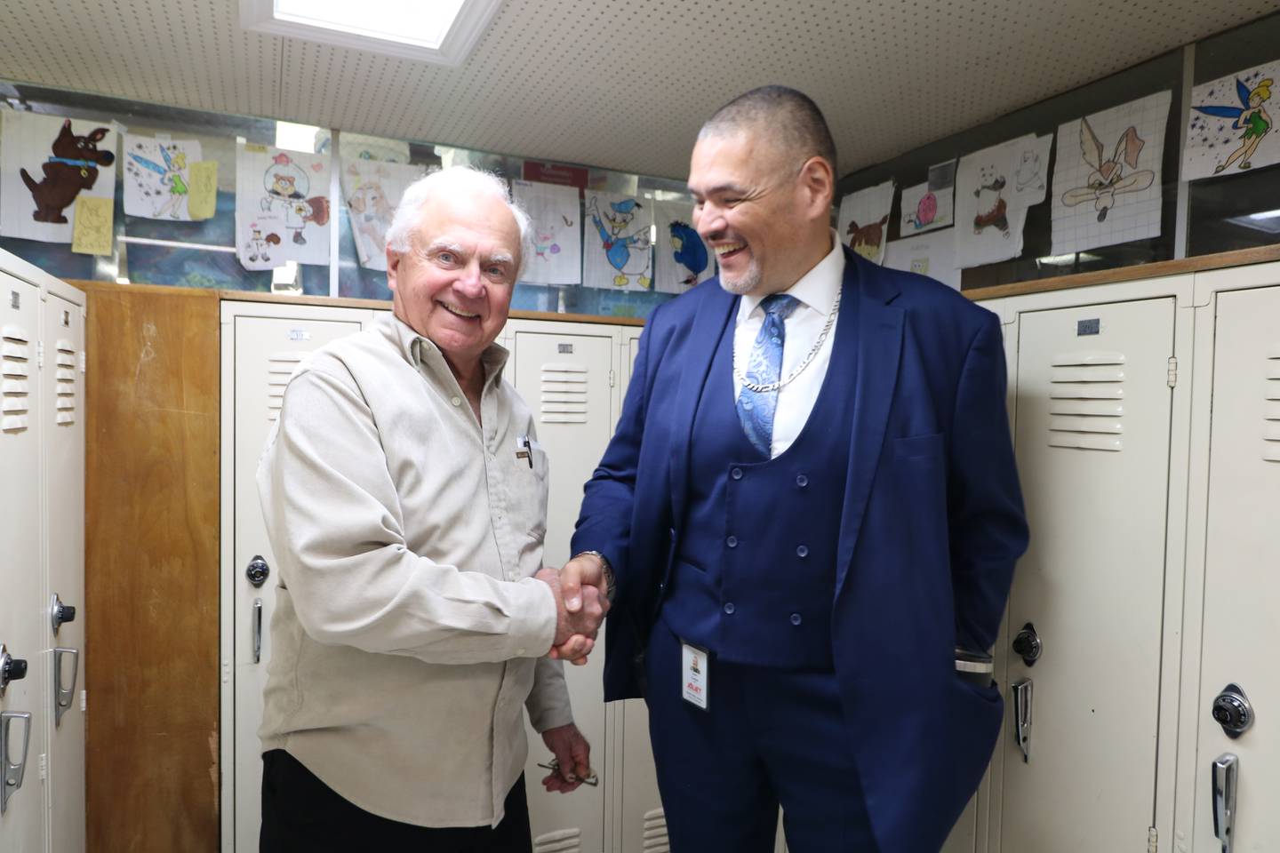 Bob DiLorenzo meets with Gompers Junior High Principal Raul Gaston.