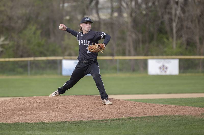 Rock Falls’ Ethan Mathews fires a pitch against Dixon Monday, April 22, 2024 in Dixon.