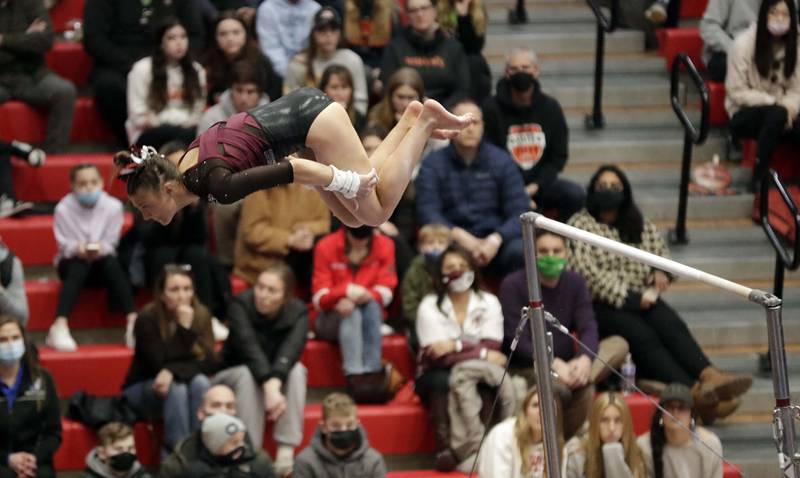 Prairie Ridge’s Gabriella Riley  competes on the Uneven Parallel Bars during the IHSA Girls Gymnastics State Finals Saturday February 19, 2022 at Palatine High School.