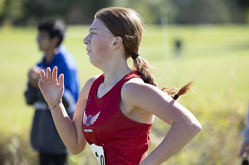 Oregon’s Abbie Ludwig finishes the 50th Amboy Columbus Day Cross Country Invite Monday, Oct. 9, 2023.