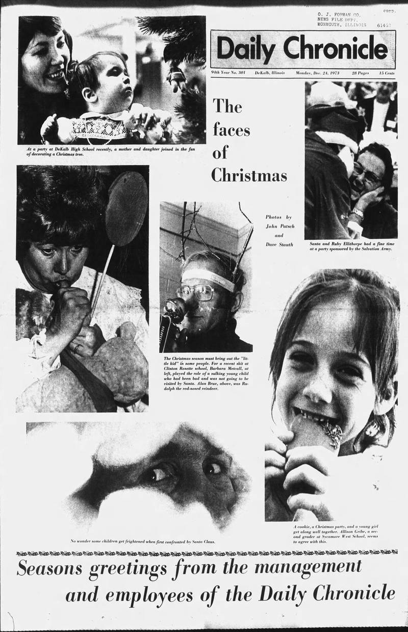 The front page of the DeKalb Daily Chronicle from Christmas Eve, Dec. 24, 1973.