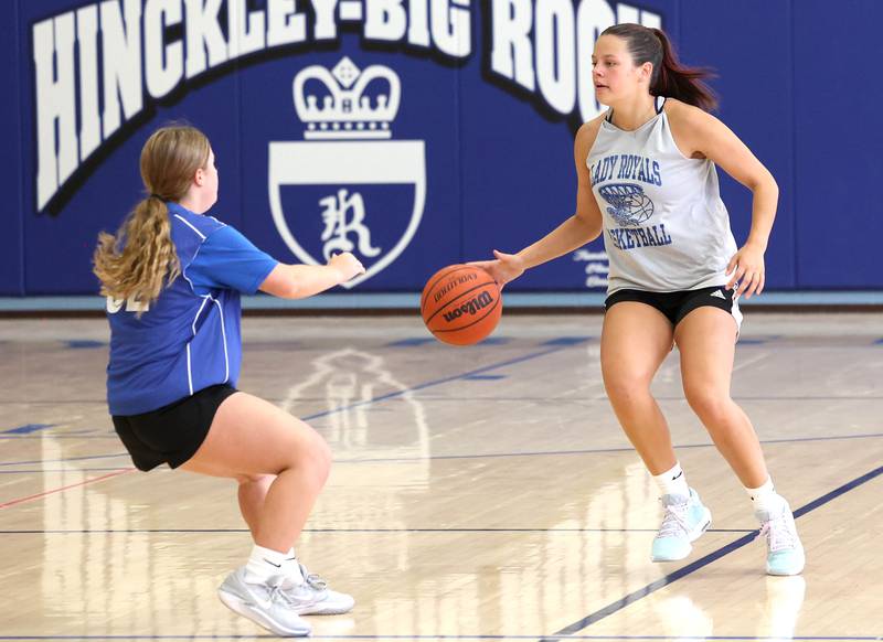 Hinckley-Big Rock's Raven Wagner brings the ball up during practice Monday, June 10, 2024, at the school in Hinckley.